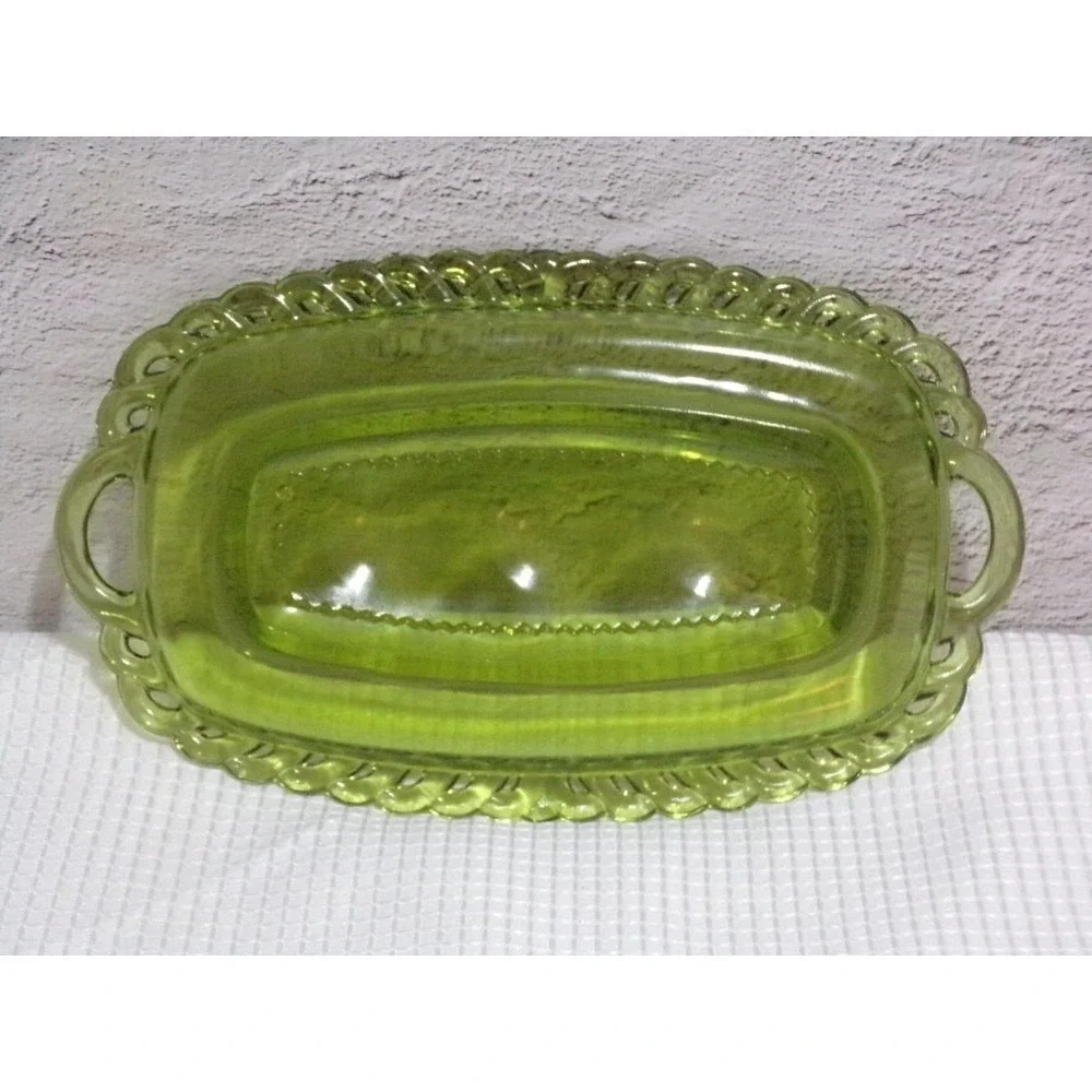Vintage King's Crown Avocado Green Dimple Creamer, Sugar and Butter Dish